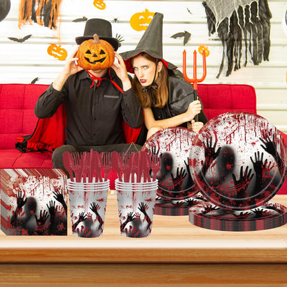 AWLZJZQA 168 Pcs Bloody Halloween Supplies Serve 24 Zombie Horror Halloween Birthday Party Decorations Scream Bloody Good Time Party Plates and Napkins Dinnerware Set Horror Movie Decorations