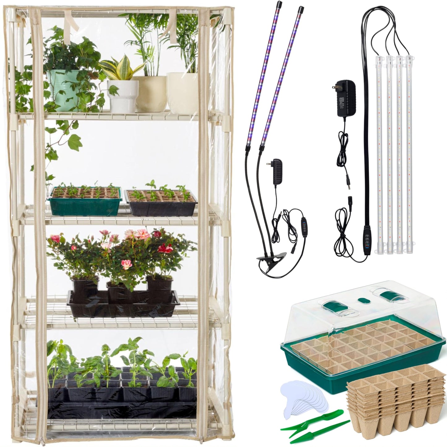 CARPATHEN Seed Starter Tray -Seed Starting Tray with Humidity Dome and 80 Peat Pots + Indoor Greenhouse with Grow Lights - with 2 Dimmable 15W Full Spectrum LED Light Strips and Spectrum Control