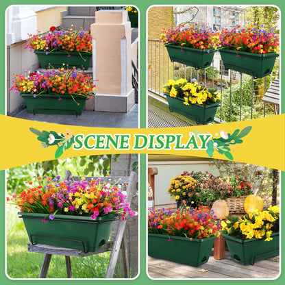 Funnymoom 8 Pack Plastic Hanging Flower Pots for Railing Fence Outdoor Planter 17 Inch Hanging Planter with Iron Brackets with Drainage Holes and Trays for Window Balconies Garden(Dark Green)