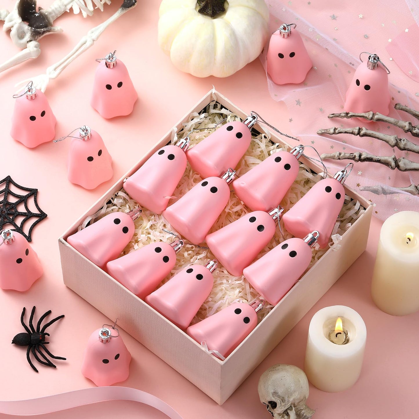 Tigeen 24 Pcs Halloween Hanging Ornaments Cute Ghost Decoration Halloween Tree Decoration Plastic Decorative Mini Ghost Ornaments for Home Tree Party Supplies (Cute,Pink)