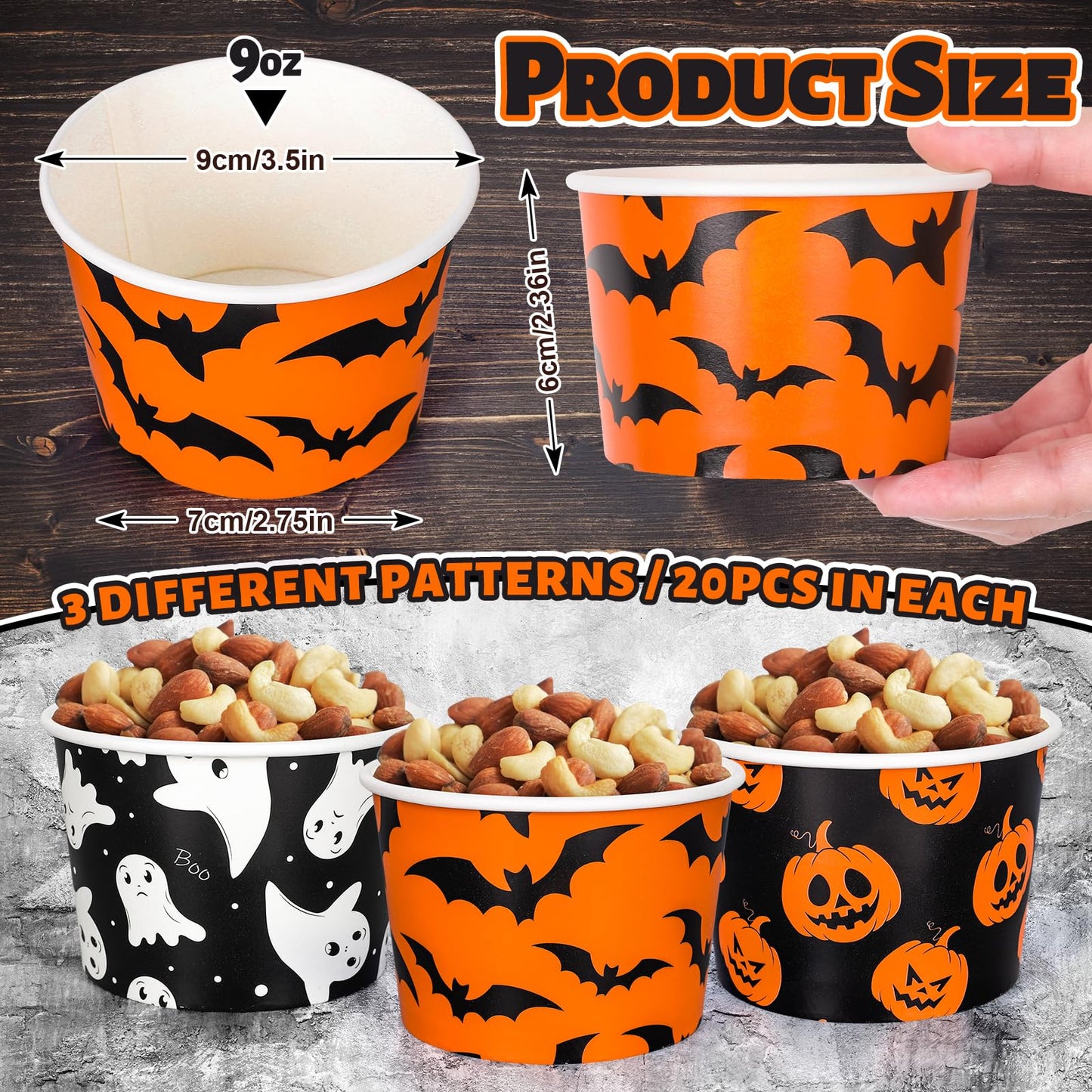 Whaline 60Pcs Halloween Treat Snack Cups Grimace Pumpkin Ghost Bat Pattern Disposable Paper Bowls 9oz Orange Black Paper Cups Dessert Ice Cream Bowls for Halloween Movie Party Favor Supplies, 3 Style