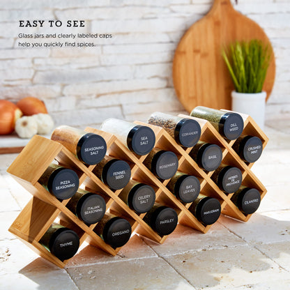 Kamenstein Criss Cross 18 Jar Bamboo Spice Rack with Spices Included - Countertop, Drawer, or Wall Mount Organizer with Refill Program