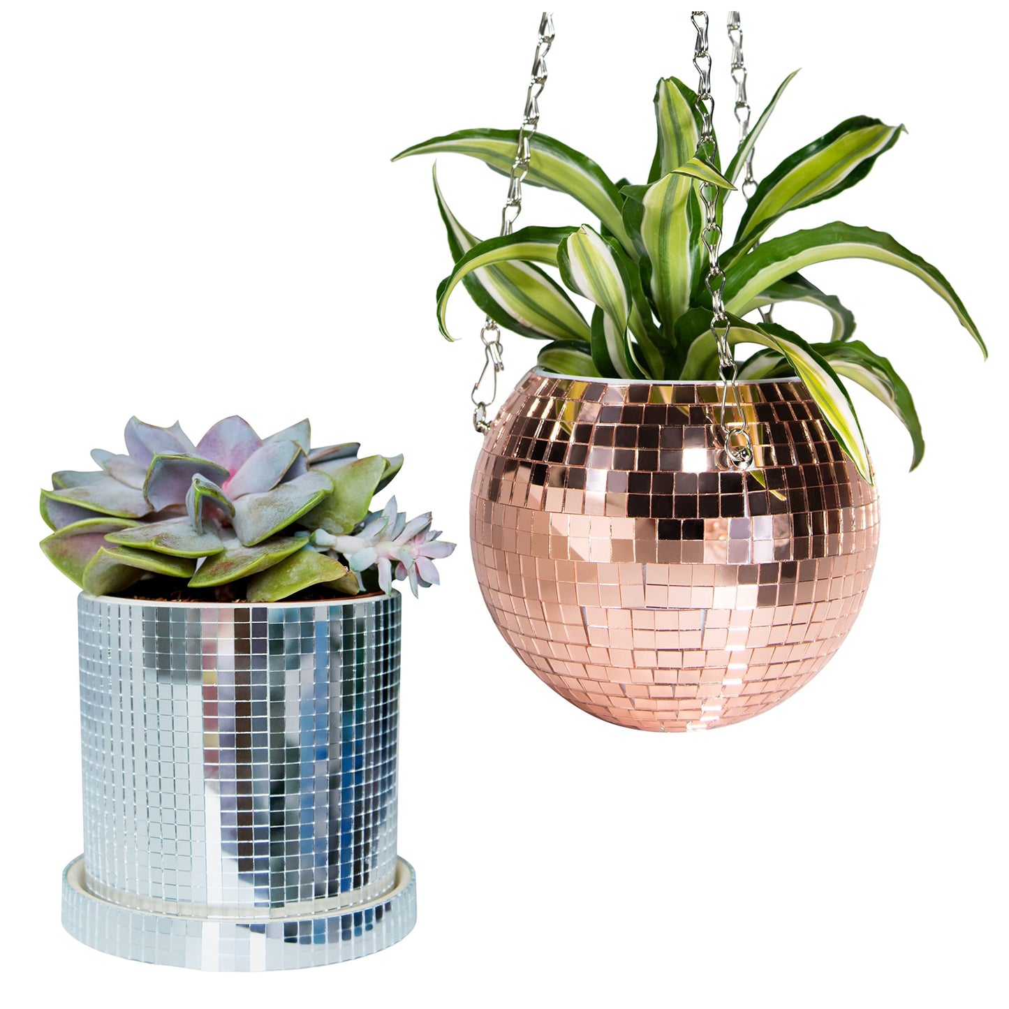 SCANDINORDICA Disco Ball Planter 6" Rose Gold with Chain and Macrame Hanger and Disco Ball Planter Pot 4.3" with Saucer (0.2x0.2 mirror tiles)