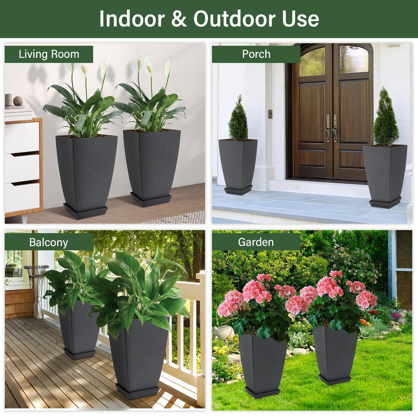 Neoaider Set of 2 Lightweight Ceramic-Look Tall Planter, 21 inch Large Plastic Planter with Drain Hole & Saucers, Large Outdoor Planters for Porch, Garden, Patio, Balcony(Dark Green)