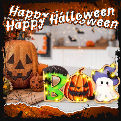 Burbell Lighted Halloween Table Decor Boo Sign Decorative Pumpkin Ghost Table Centerpiece Battery Operated Halloween Table Decor for Home Living Room Trick or Treat Halloween Decorations 5 x 10 Inches