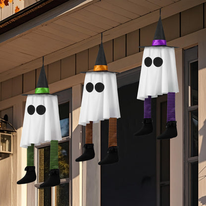 JOYIN 23.6'' 3PCS Halloween Hanging Ghosts Decorations Outdoor, Warm Light Up Ghosts Tree Decors with Witch Hats & Timer, Halloween Decorations for Yard Patio Garden Outside Haunted House Party