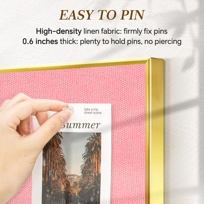 QUEENLINK Linen Bulletin Board 24" x 18", Fabric Pin Board with Gold Aluminum Frame, Decorative Vision Board for Home Office, Bedroom & Dorm Wall Decor, Includes 10 Push Pins, Pink