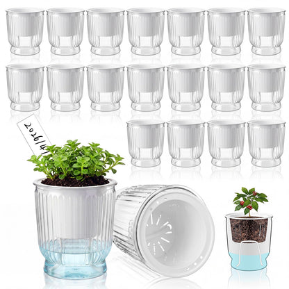 Ferrochef 20 Sets 4 Inch Self Watering Pots Bulk Small Plant Pots with Inner Reservoir, Clear Self Watering Wick Planter Plastic Plant Labels for Indoor Succulents Herbs Flowers Pothos