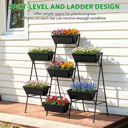 YAHKBTEN Raised Garden Bed Tiered Vertical Garden Planters Outdoor 7 Planter Boxes with Legs Indoor Elevated Herbs Flowers Vegetables Garden Box for Backyard Patio Balcony, Black