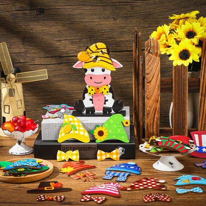 Anglechic 42 Pcs Summer Lemon Interchangeable Cow Figurine Farmhouse Holiday Cow Office Decor Wooden Seasonal Sign Desk Accessories Tier Tray Home Decoration Welcome Ornament Gifts