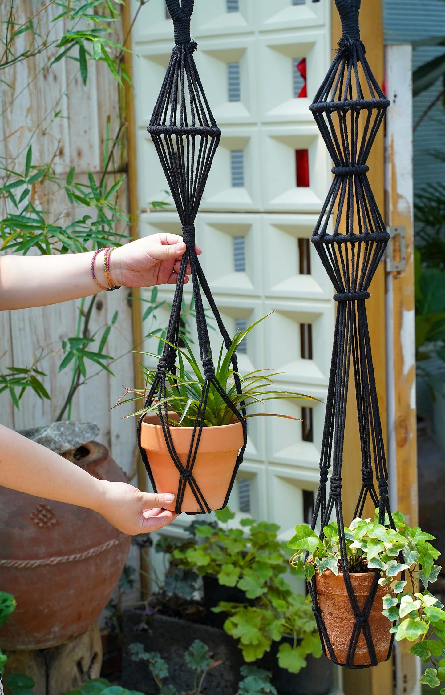 XINBOR Hourglass Floating Macrame Plant Hangers 2 Pack Handmade Cotton Rope Hanging Planters Basket with S Hooks, Diamond Openwork Boho Home Decor for Indoor Outdoor, Plants Holder 35" & 39” (Black)