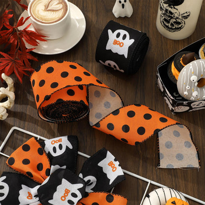 JarThenaAMCS Halloween Wired Edge Ribbon 2.5 Inch 20 Yards Orange Black Ghost Dots Ribbon Spooky Gift Wrap Ribbon for Bow Wreath Craft Party Decor, 2 Roll