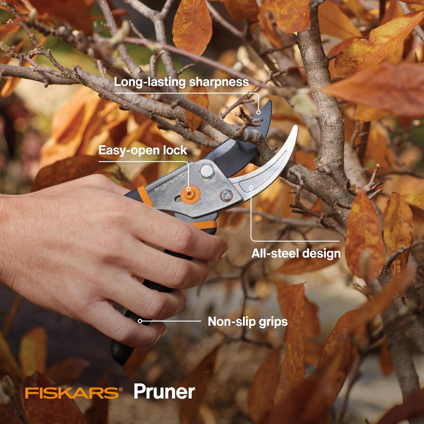 Fiskars Bypass Pruning Shears, 5/8" Cut Capacity Gardening Scissors, Self-Cleaning Sap Groove Prevents Sticking, Non-Slip Grip for Cutting Stems & Branches, Sharp Steel Blades w/ Low-Friction Coating