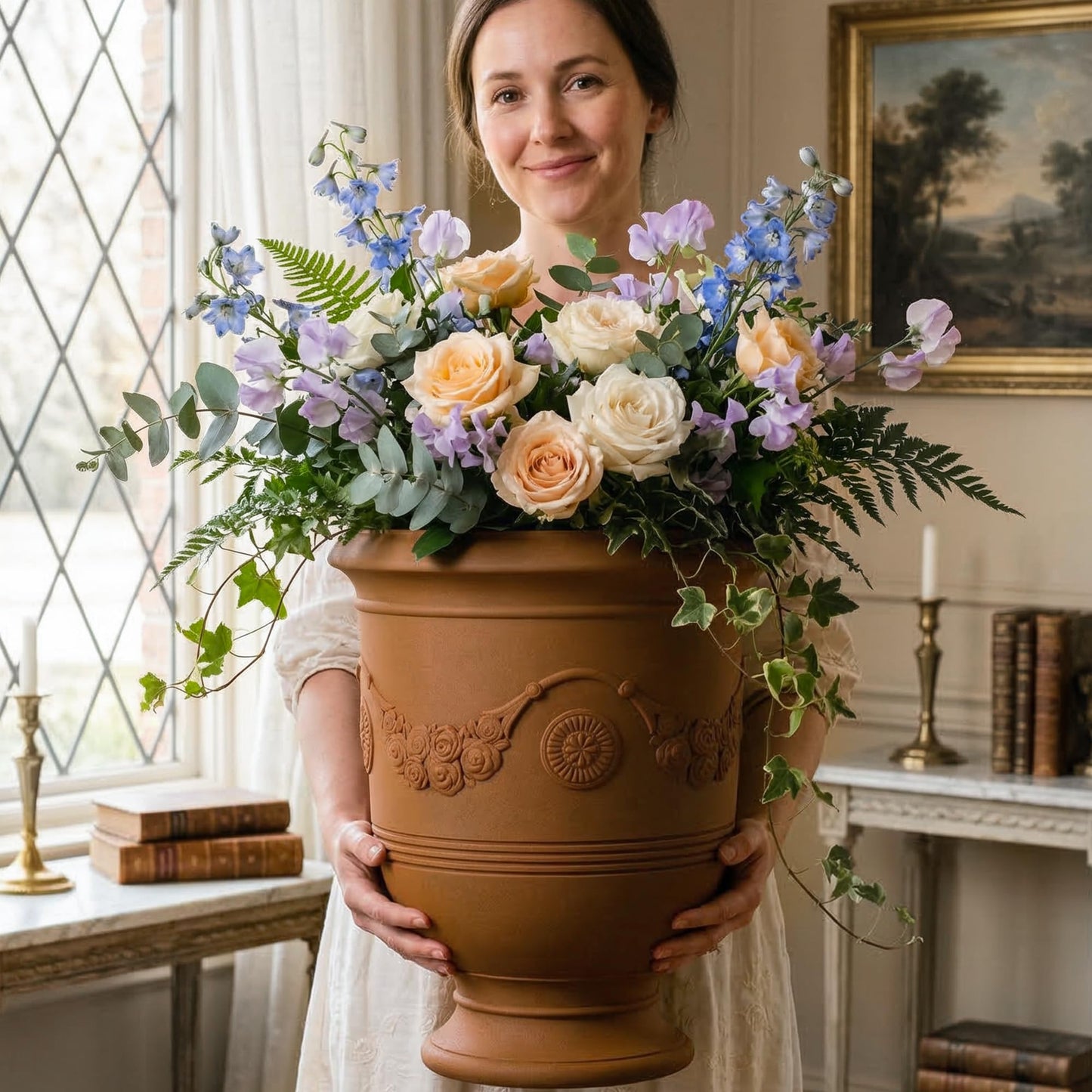 KOL Large Plastic Urn Planter - 16” Dia x 19” H Lightweight Classic Planter Pot with Cement Texture & Drainage Hole, Weather Resistant for Outdoor Plants, Patio, Garden Decor (Rusty)