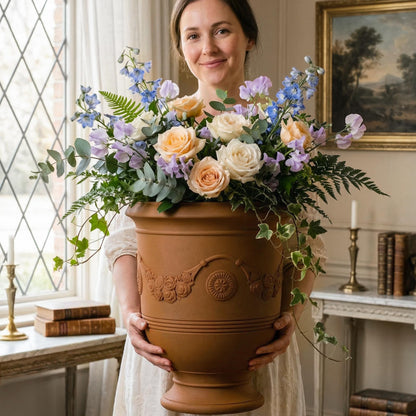 KOL Large Plastic Urn Planter - 16” Dia x 19” H Lightweight Classic Planter Pot with Cement Texture & Drainage Hole, Weather Resistant for Outdoor Plants, Patio, Garden Decor (Rusty)