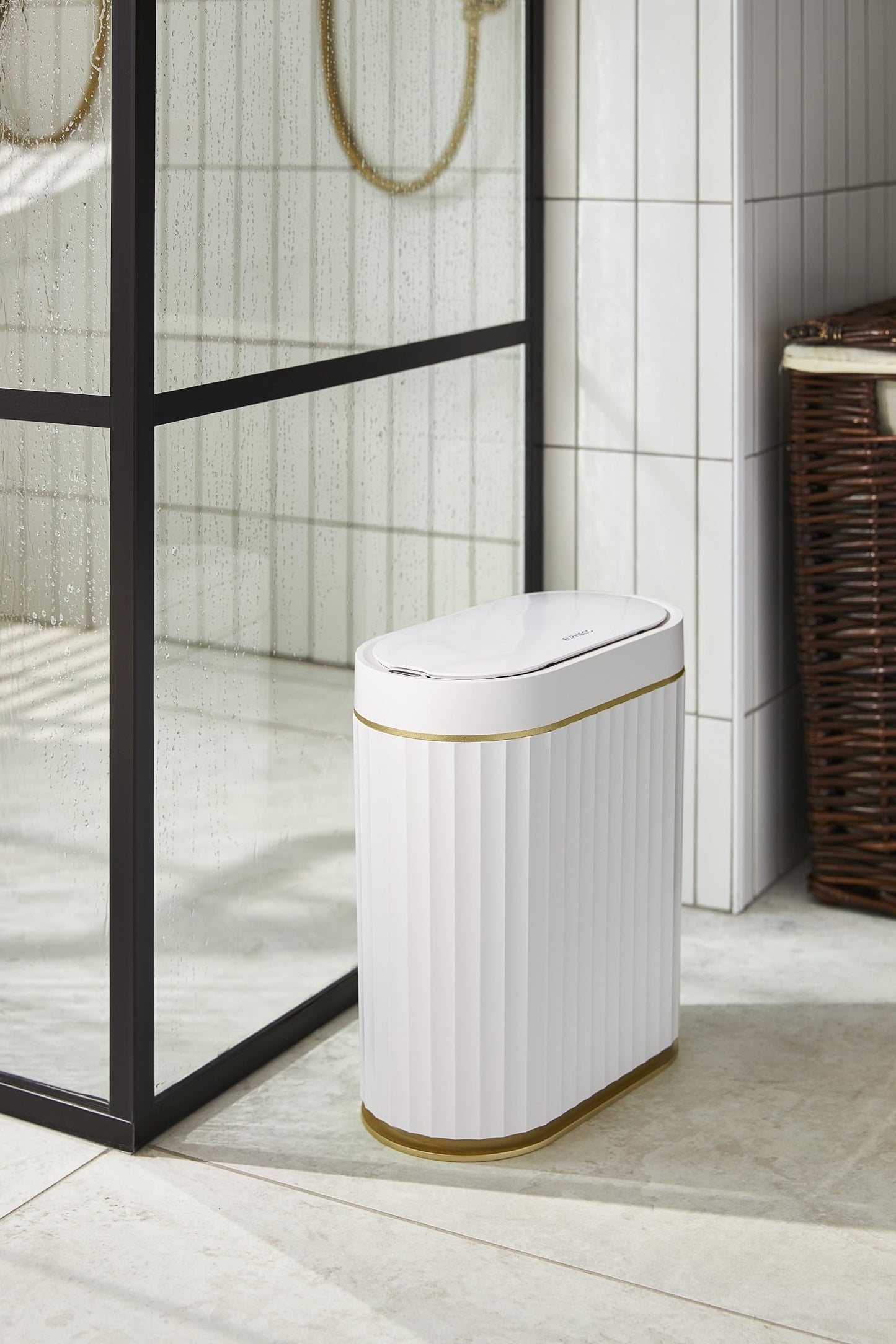 ELPHECO Bathroom Trash Can with Lid 2 Gallon Sensor Garbage Can, Automatic Trash Bin, Motion Sensor Trash Can, IPX5 Waterproof Plastic Wastebasket for Bathroom, Bedroom, Kitchen, Office, White Gold