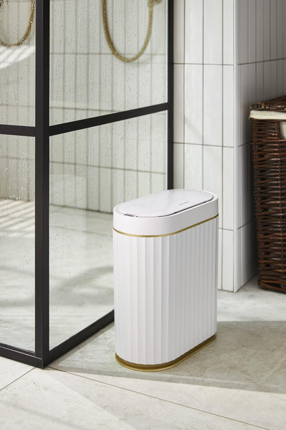 ELPHECO Bathroom Trash Can with Lid 2 Gallon Sensor Garbage Can, Automatic Trash Bin, Motion Sensor Trash Can, IPX5 Waterproof Plastic Wastebasket for Bathroom, Bedroom, Kitchen, Office, White Gold