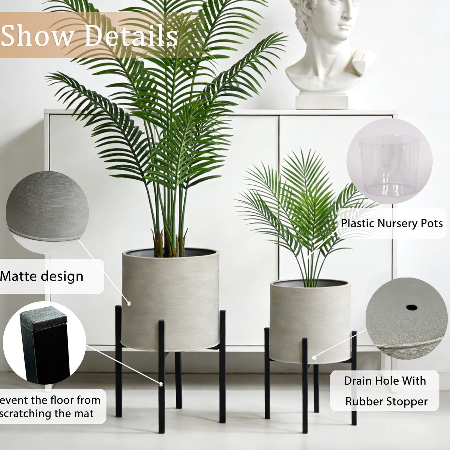 ARNIS Modern Plant Pots, Set of 2 Large Planters with Stand, Decorative Planters, Metal Pots with Drainage Holes for Living Room, Office, Garden or Balcony, 8.25 &10.5 Inch, Grey