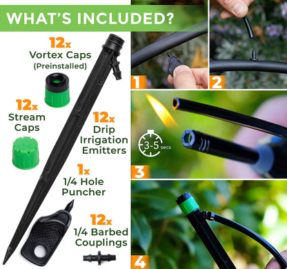 CARPATHEN 12pcs Drip Irrigation Emitters - Compatible with ¼ inch Drip Irrigation Tubing - 360 Degree Adjustable Flow Garden Irrigation Drippers for Drip Irrigation System - Spare Parts Included
