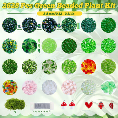 FOGWOWO 2628 Pcs Beaded Plant Kit Green Beads for Beaded Plants,Forever Plant Kit Green Glass Beads Plant Beads for Plants Making,Glass Leaf Bead for Jewelry Making DIY Crafts