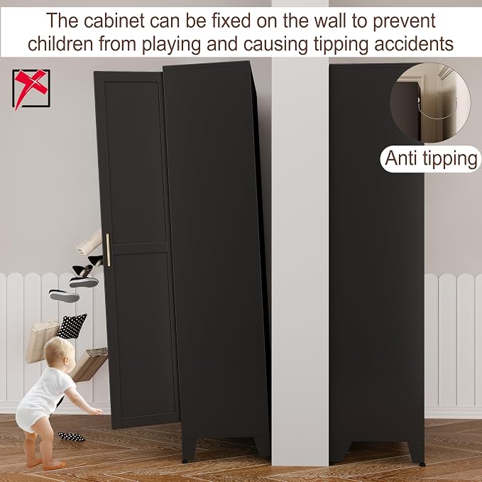 71" Metal Armoire Wardrobe Closet, Steel Clothing Storage Cabinet with Mirror and Adjustable Shelves, Household Steel Wardrobes Storage Cabinet with Adjustable Standing Feet and Hanging Rod（Black）
