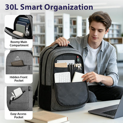 MATEIN Travel Laptop Backpack, 17 Inch Work TSA Approved Carry on Backpack, Large Computer Business Bag for Men Women with Trolley Sleeve and Anti Theft Pocket, College School Rucksack Book Bag, Grey