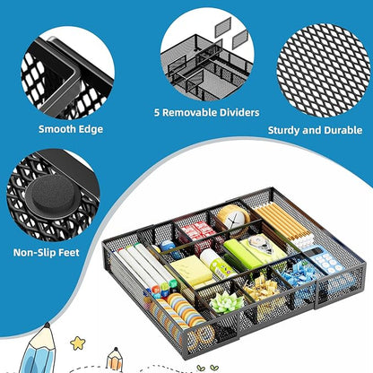 Marbrasse Expandable Desk Drawer Organizer, Mesh Drawer Organizer Tray with 10 Adjustable Compartments, Desk Organizers and Accessories for Office Supplies, Makeup & Vanity (Expandable Black-2 pack)
