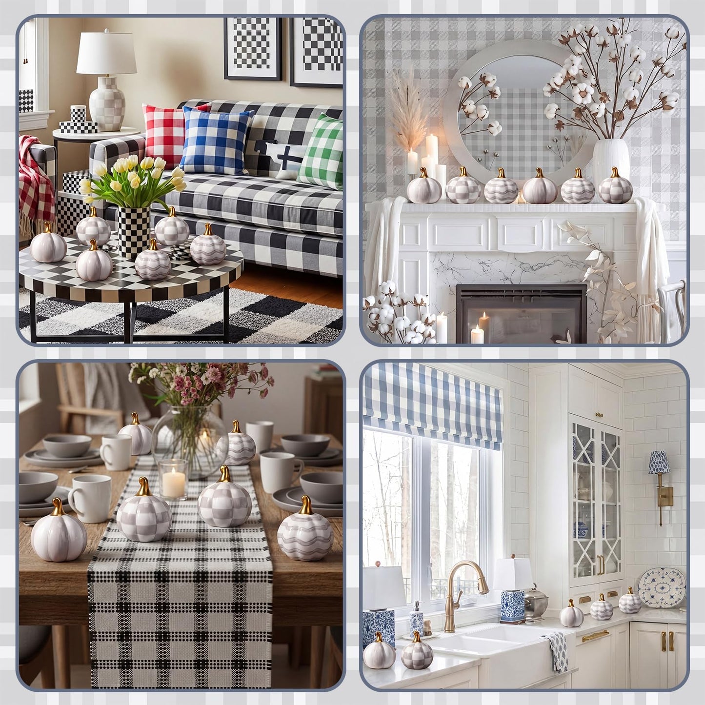 DoubleFill 6 Pcs Gray and White Check Ceramic Pumpkins Fall Farmhouse Table Centerpiece Porcelain Pumpkin Tiered Tray and Mantel Ornaments for Indoor Thanksgiving Autumn Decor