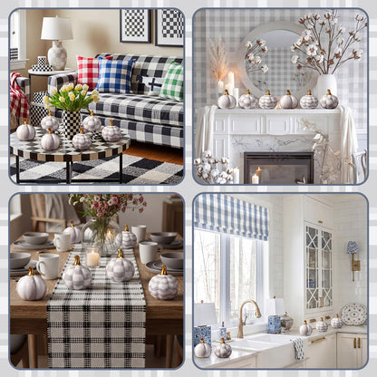 DoubleFill 6 Pcs Gray and White Check Ceramic Pumpkins Fall Farmhouse Table Centerpiece Porcelain Pumpkin Tiered Tray and Mantel Ornaments for Indoor Thanksgiving Autumn Decor