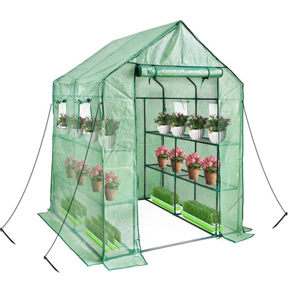 Walk in Greenhouse with Shelves,Plastic Growhouse Frame for Garden,12 Tiers Green House with Reinforced PE Cover and 4 Windows,56" L x 56" W x 77" H,for Indoor Outdoor Seeding and Plant Growing