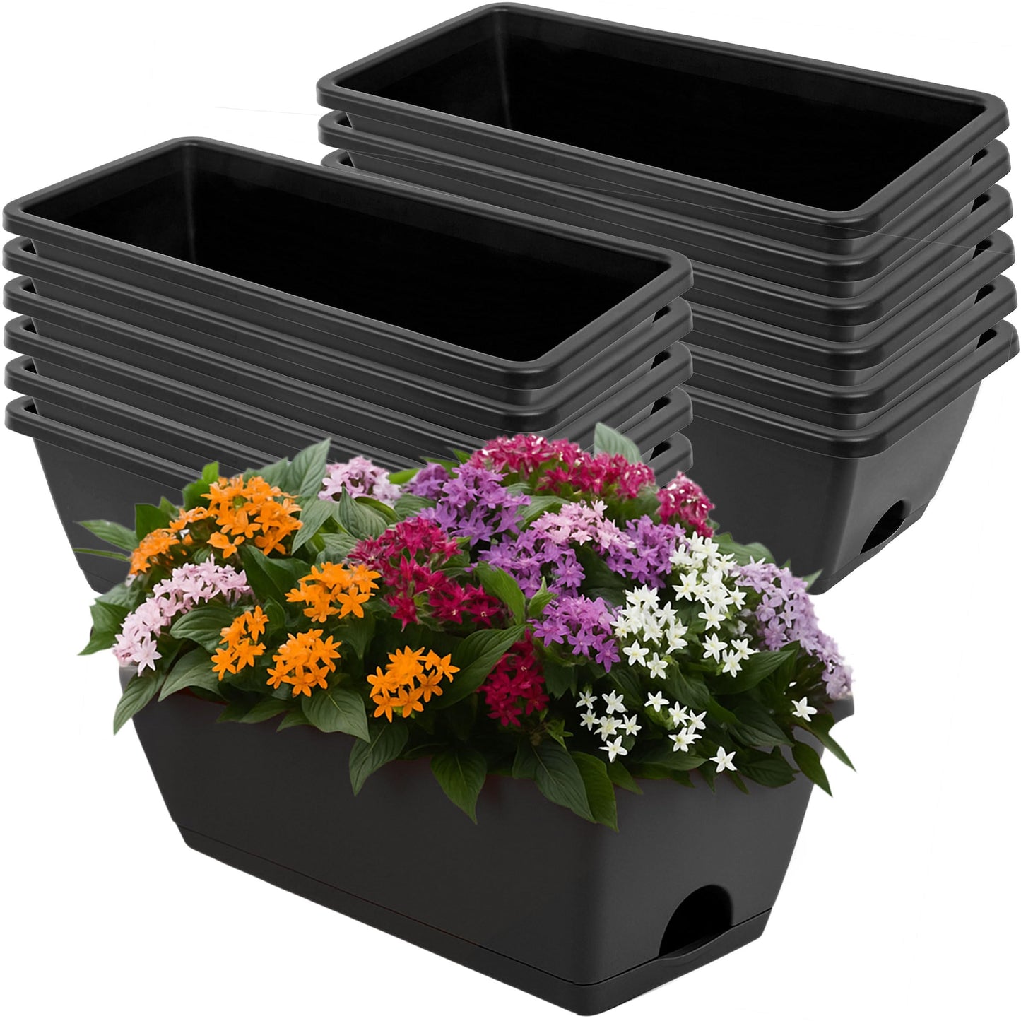 LOCONHA Window Box Planter, Plastic Vegetable Flower Planters Boxes 17 Inches Rectangular Flower Pots with Saucers for Indoor Outdoor Garden, Patio, Home Decor (12, Dark Grey)