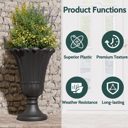 Trygoal 23.6" Tall Plastic Urn Planters for Outdoor Plants, Set of 2 Heavy-Duty Classic Indoor Large Flower Pots with Drainage Holes & Petal Design, Outdoor Planters for Porch, Home Garden, Black