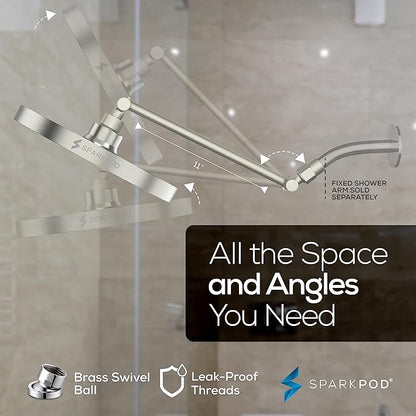 SparkPod 8" Round Rain Shower Head with 11" Shower Arm | Shower Head & Extension Arm Combo, Height Adjustable, High Pressure Performance, Easy 1-Minute Installation, Brushed Nickel