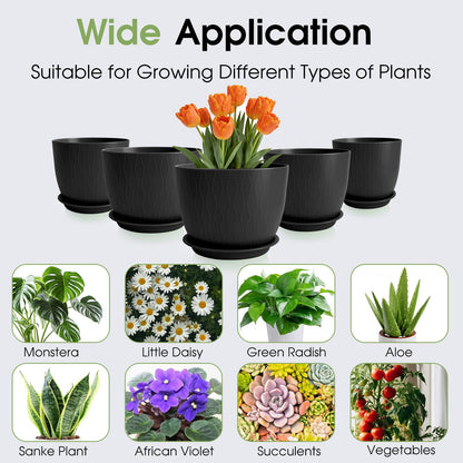 GARDIFE Plant Pots 10/9/8/7.5/7 Inch Plant Pots, Set of 5 Plastic Planters with Drainage Holes and Saucers,Plastic Flower Pots,Nursery Planting Pot for Indoor Out Door Plants (Black)