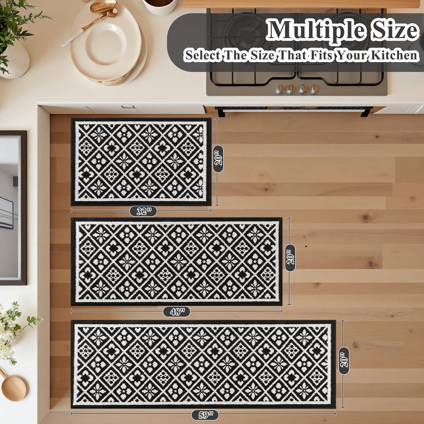 Ileading Kitchen Mat Sets 3 Piece Minimalist 3D Lattice Kitchen Floor Rugs with Non Slip Rubber Backing Machine Washable Farmhouse Runner Rugs for Laundry Hallway Doormat(G Black&White)
