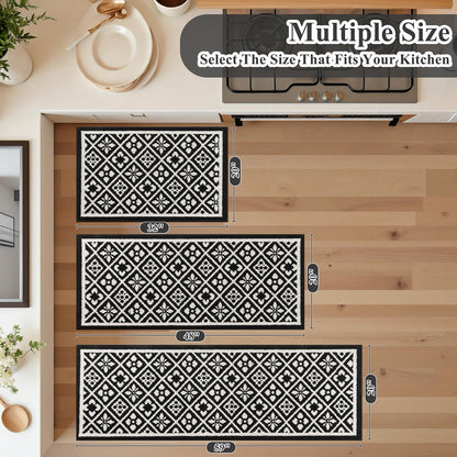 Ileading Kitchen Mat Sets 3 Piece Minimalist 3D Lattice Kitchen Floor Rugs with Non Slip Rubber Backing Machine Washable Farmhouse Runner Rugs for Laundry Hallway Doormat(G Black&White)