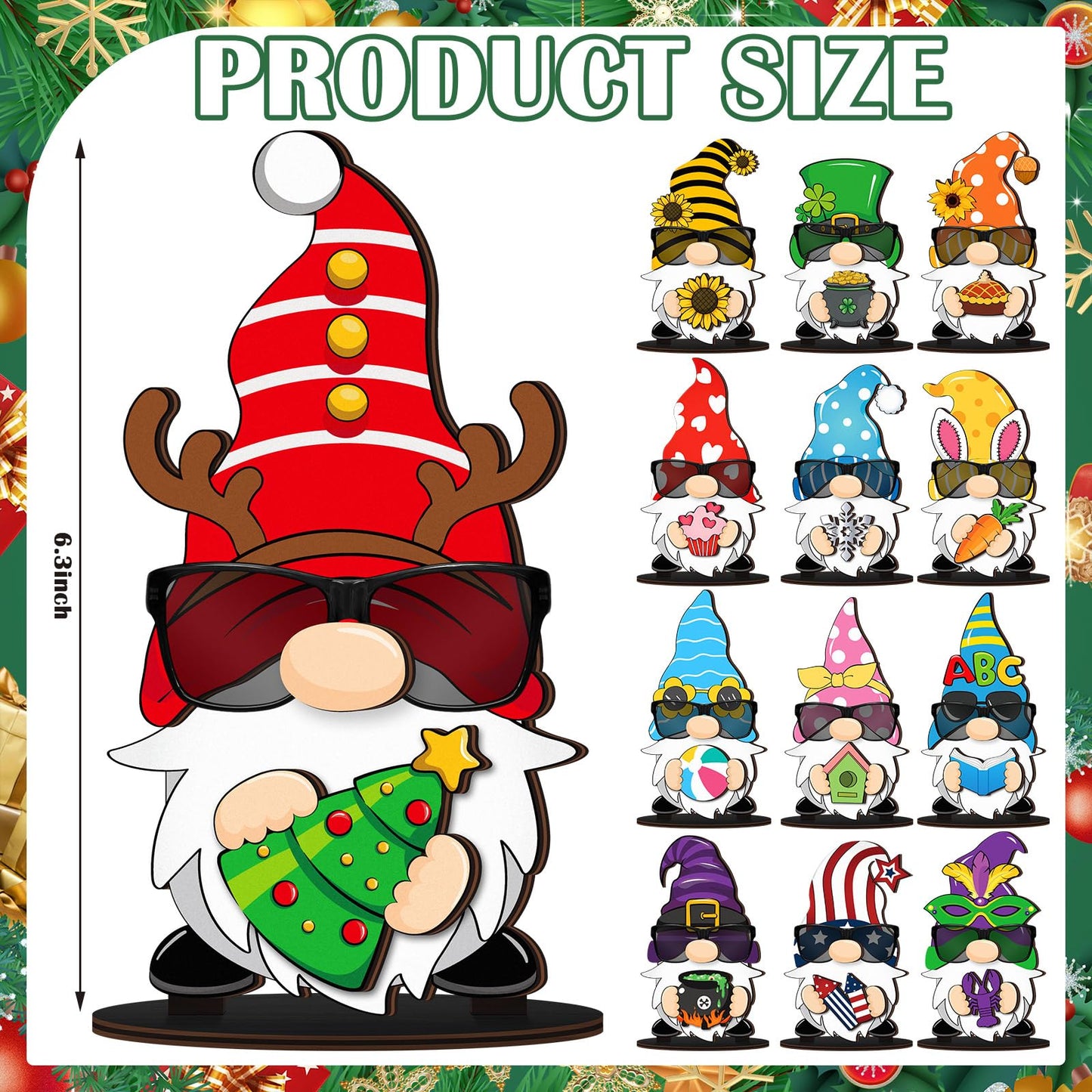 Tellegloww 27 Pcs Interchangeable Wooden Gnome Decor Spring Gnome Welcome Sign DIY Holiday Seasonal Eyeglass Holder Stand Tiered Tray Decorations for Table Home Decorations