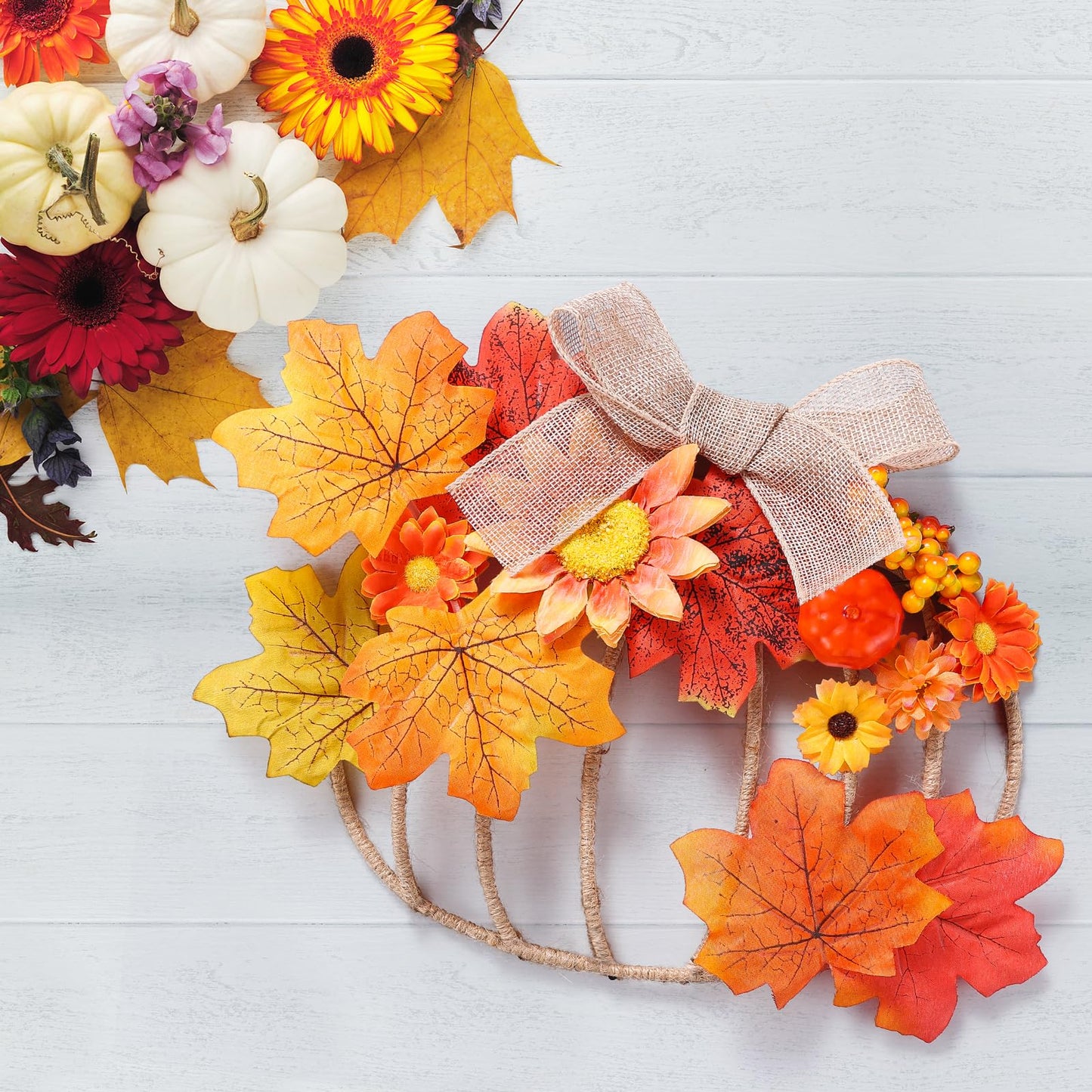 Fall Pumpkin Metal Wreath Frame, Pumpkin Shaped Wire Wreath Frame with Maple Leaves Fake Flowers Mini Pumpkin Berries, DIY 3D Pumpkin Frame for Indoor Outdoor Garden Home Kitchen Craft Decor