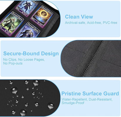 BYSTER 4 Pocket Card Binder, Premium PU Trading Card Binder with Zipper, 160 Capacity Side-Loading Binder for TCG, MTG, Sports Cards, Game Cards, Black