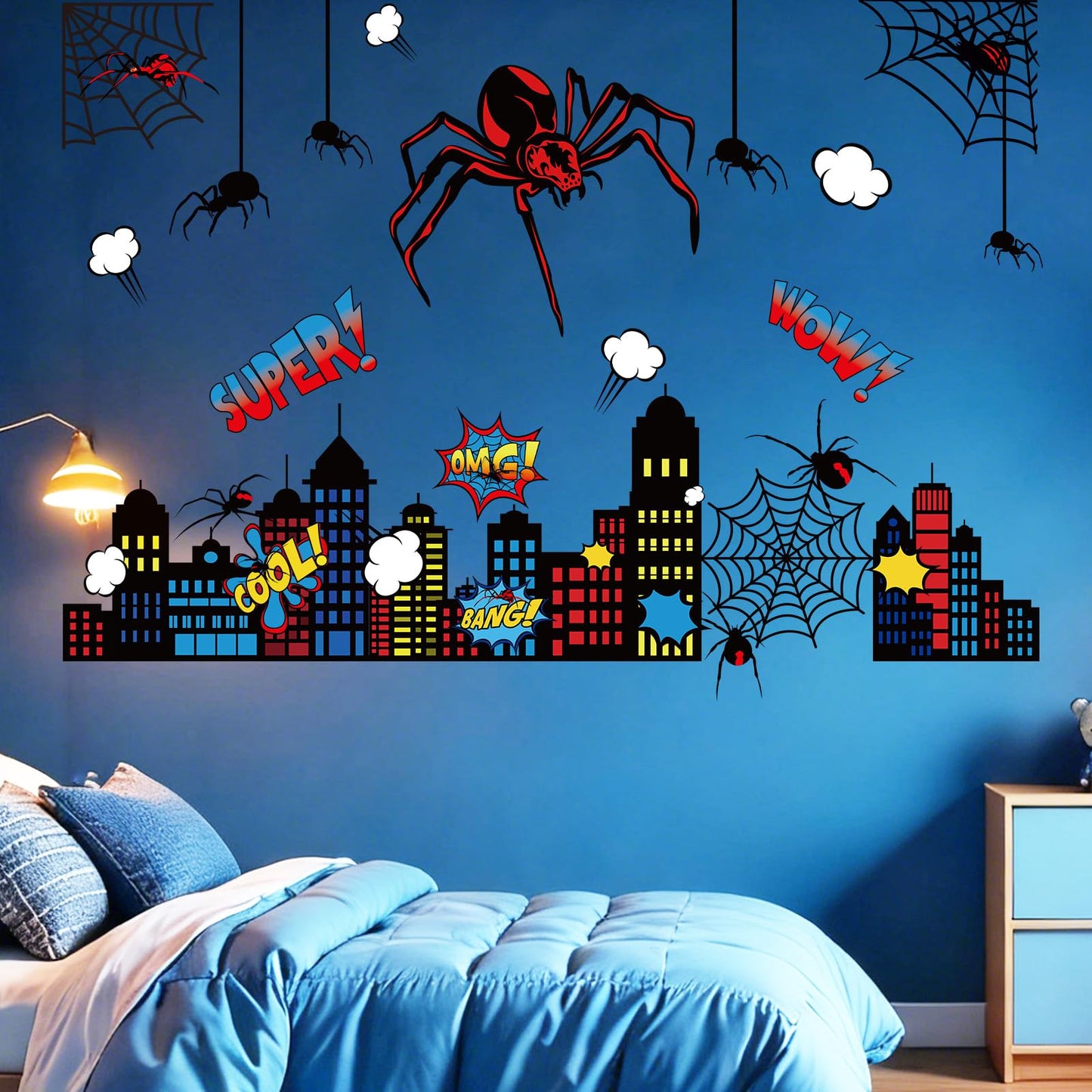 Gilprop Spider Theme Wall Stickers Spiderweb Wall Decal Colorful City Skyline Decor Pack Cool Comics Style Peel and Stick(L,Spider)