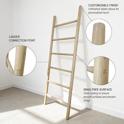 Wooden Blanket Ladder -77x24in Natural & Motley Wood - Leaning Wall Decor for Bedroom, Bathroom, Living Room - Rustic Quilt Holder & Towel Rack (77x24in | Knock Down,Light Wood Color)