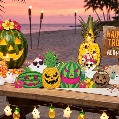 Novabright Summer Halloween Table Decor Wooden Pumpkin Face Tiered Tray Decor Cute Ghost Block Sign Watermelon Pineapple Centerpiece for Summer Halloween Home Kitchen Shelf Party Decoration Gift