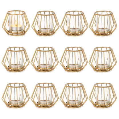Geometric Tea Light Candle Holders - Wedding Centerpiece for Tables Morden Metal Votive Tealight Candles Stand with Glasses Coffee Home Room Decor Wedding Party Birthday Decoration, Gold 12 pcs