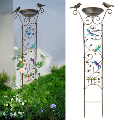 SUNNYPARK Bird Bath with Trellis Outdoor, Antique Garden Iron Plant Trellis with Decorative Dragonfly Detachable Bird Bath Bowl Metal Potted Plant Support for Climbing Flowers
