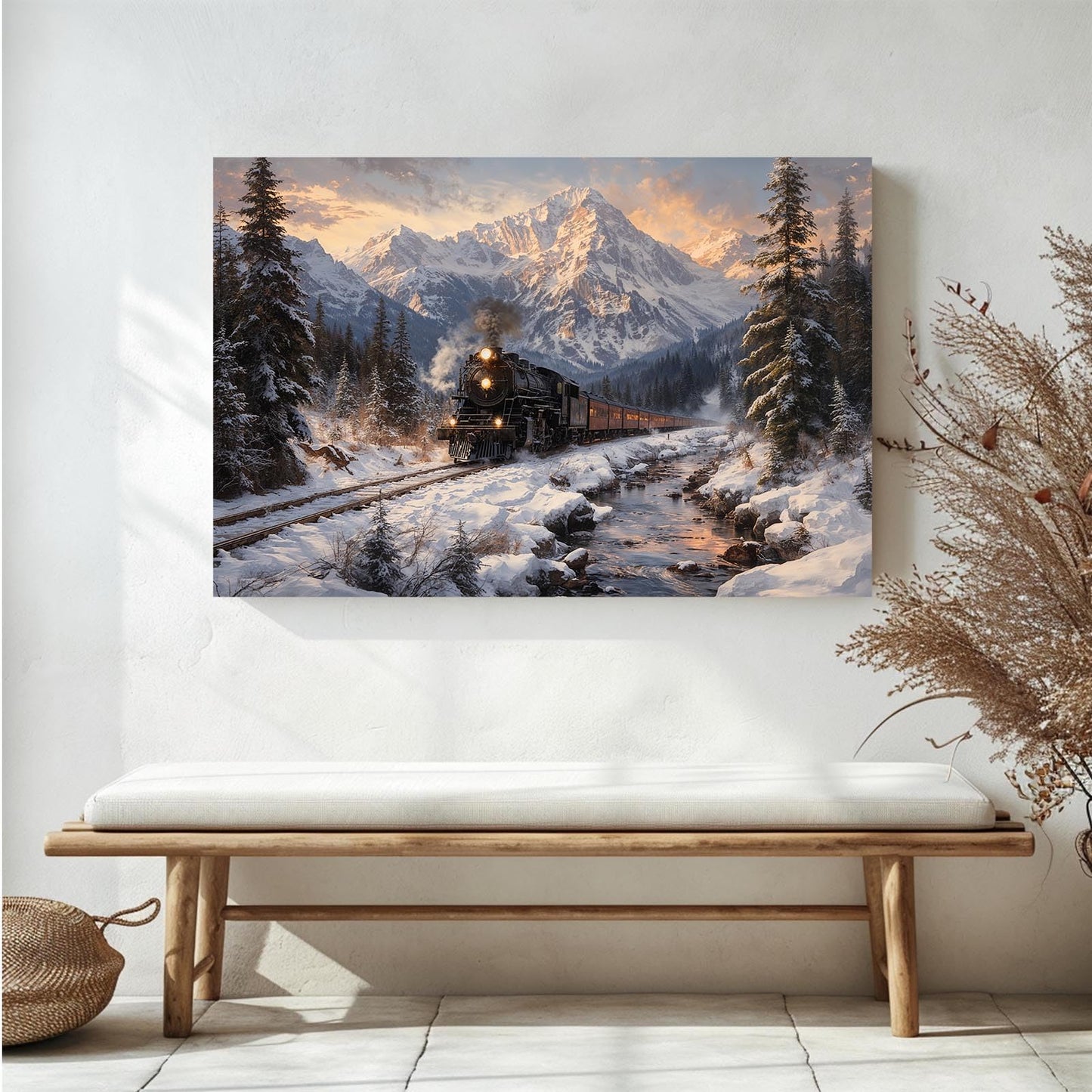 XWNLTEPK Winter Train Scenery Canvas Print Poster Wall Art Wall Decoration Winter Atmosphere Poster Suitable for Living Room Bedroom Farmhouse Home Decor Christmas Snow Mountain Pine Tree
