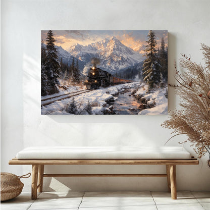 XWNLTEPK Winter Train Scenery Canvas Print Poster Wall Art Wall Decoration Winter Atmosphere Poster Suitable for Living Room Bedroom Farmhouse Home Decor Christmas Snow Mountain Pine Tree