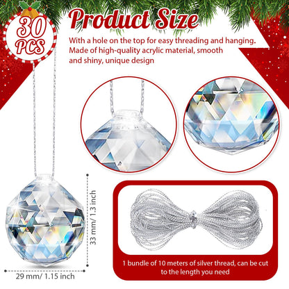 Wettarn 30 Pcs Acrylic Crystal Christmas Balls Ornaments, Clear Crystal Glass Christmas Diamond Ornaments Raindrops with Silver Thread for Hanging Decorations(Classic)
