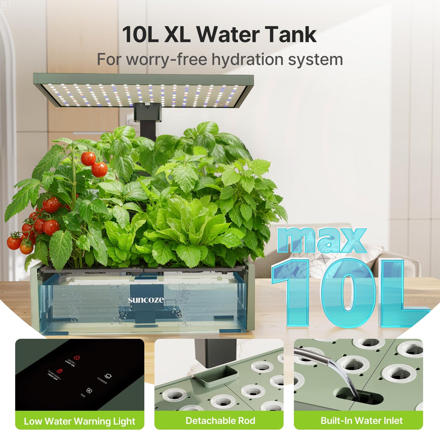 SUNCOZE Hydroponics Growing System Kit, 20 Pods Indoor Herb Garden with 10L Water Tank & Adjustable Height 25", 30W LED Grow Light, LCD Display with Veg/Flower Modes, Pump & Low Water Reminder, Green