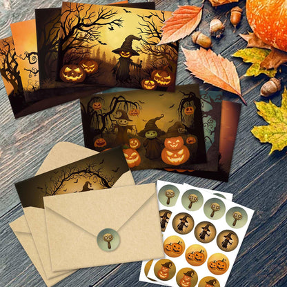 SuperShunhu 24 Pack Vintage Halloween Greeting Cards, Jack-O'-Lantern And Witch Halloween Cards, Artful Spooky Halloween Themed Card Set, 8 Designs Halloween Cards Bulk