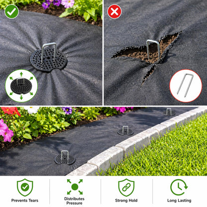 Garden Stakes,6 Inch 11 Gauge 100pcs Galvanized Landscape Staples + 100pcs Gaskets + 1Pick Hook, U-Shaped Heavy Duty Ground Stakes for Weed Barrier Fabric, Turf, Sod, Ground Cover